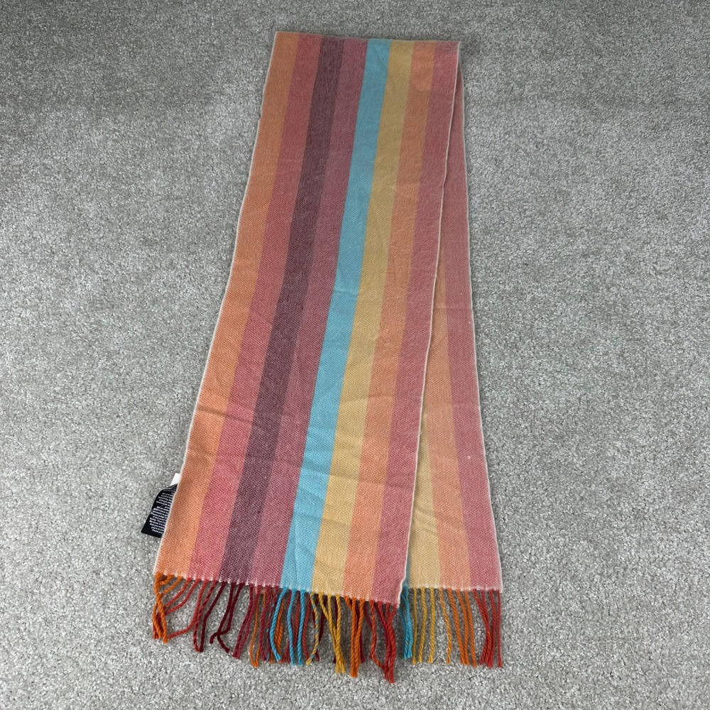 Cashmere Feel Striped Scarf Multi Color Orange Pink Blue Acrylic Fringe 12x72